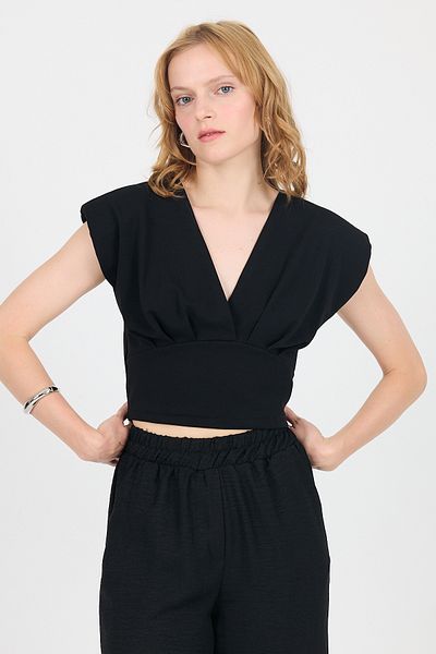 Rays Black Padded V-Neck Double Breasted Crop Blouse 4227