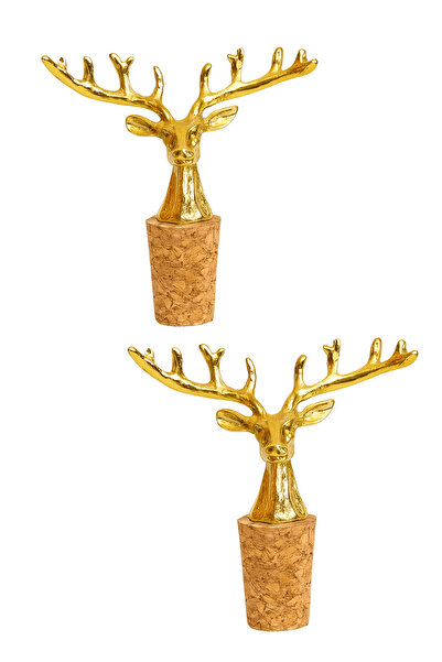 Jenisa Altın Boynuzlu Geyik Figürlü 2 Adet Mantar Tıpa - Şarap Yağdanlık Şişe