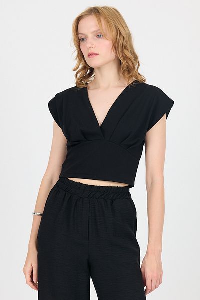 Rays Black Padded V-Neck Double Breasted Crop Blouse 4227