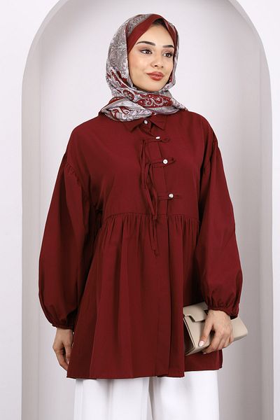 İmajButik Μπορντό μανίκι ελαστικό μπροστινό κουμπί τουνίκ
