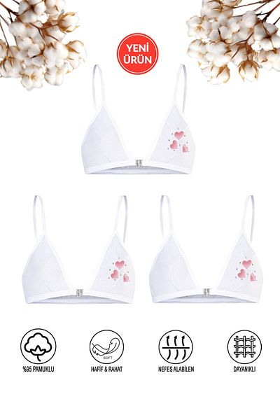 ÖZKAN underwear Özkan 0872 Чифт от 3 сутиена за момичета, памук и ликра, удобен и без подплънки, тънък, с камъни