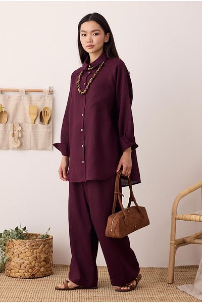 HEQA Πλισέ Basic Λινό Παντελόνι Claret Red