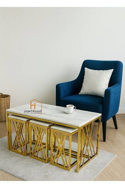 Al Saada Home طقم طاولة خدمة رخامية 1+6 - ذهبي