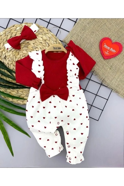 Yağmur Giyim %100 Pamuk Önü Fırfırlı Kalpli Saç Bantlı Kız Tulum 3-12 Ay 7947