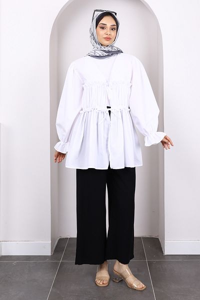 İmajButik Kimono alb cu volane cu legare în față