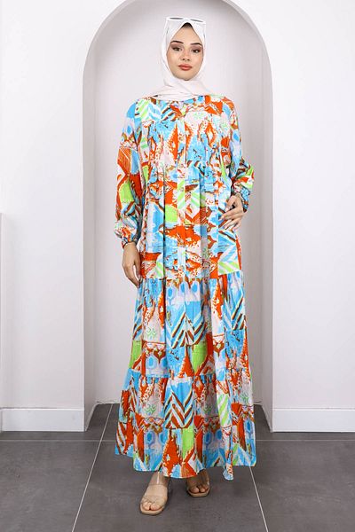 İmajButik Μπλε φόρεμα με μισό κουμπί με μοτίβο