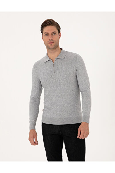 Pierre Cardin Açık Gri Melanj Regular Fit Polo Yaka Fermuarlı Triko Kazak 50315729-VR091