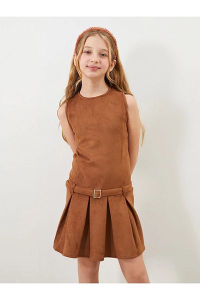 LC Waikiki Lcw Kids Brown Crew Neck Girls Suede Dress