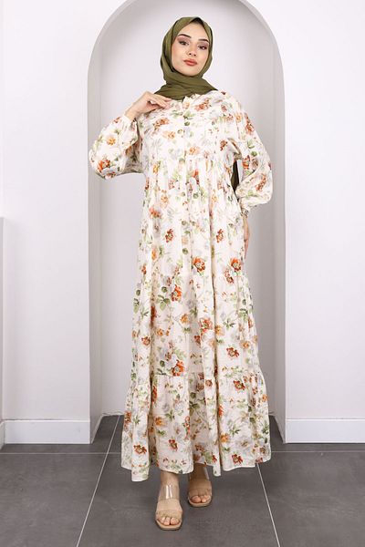İmajButik Tile Half Button Skirt Layered Pattern Dress