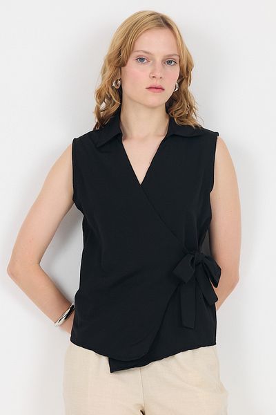 Rays Black Side Tie Detailed Sleeveless Double Breasted Blouse 8047