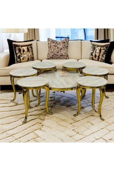 Al Saada Home طقم طاولة قهوة رخامية ١+٦ قطع - ذهبي وفضي