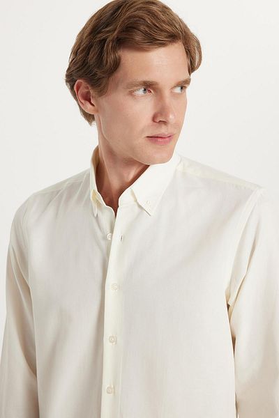 Tudors Regular Fit Button Collar Cotton Easy Iron Oxford Plain Men's Ecru Shirt