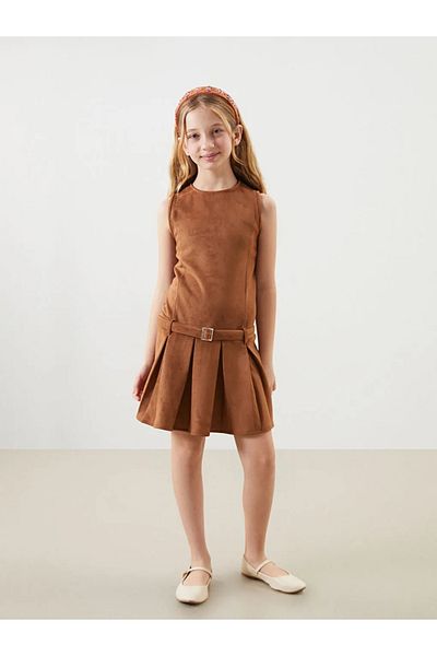 LC Waikiki Lcw Kids Brown Crew Neck Girls Suede Dress