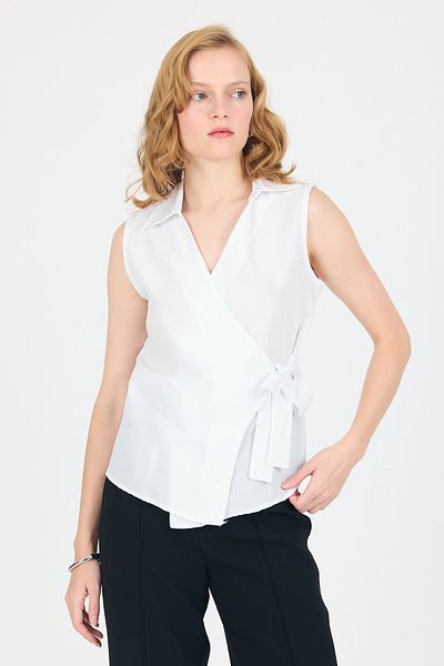 Rays White Side Tie Detailed Sleeveless Double Breasted Blouse 8047
