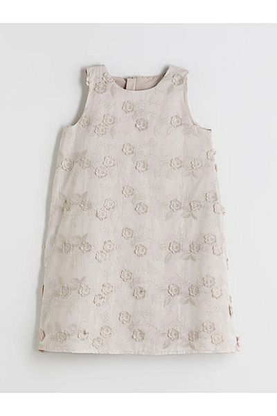LC Waikiki Lcw Kids Beige Crew Neck Flower Embroidery Girl Dress
