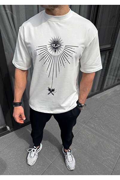 MODA تي شيرت رجالي قطن بيكليت كولار مطبوع - أبيض