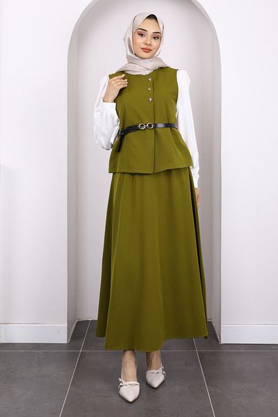 İmajButik Λαδί Πράσινο Πουκάμισο Γιλέκο Φούστα 3 τεμαχίων Συνδυασμός Σετ