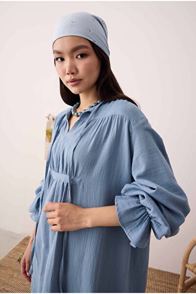 HEQA Çok Büzgülü Müslin Tunik Pastel Mavi