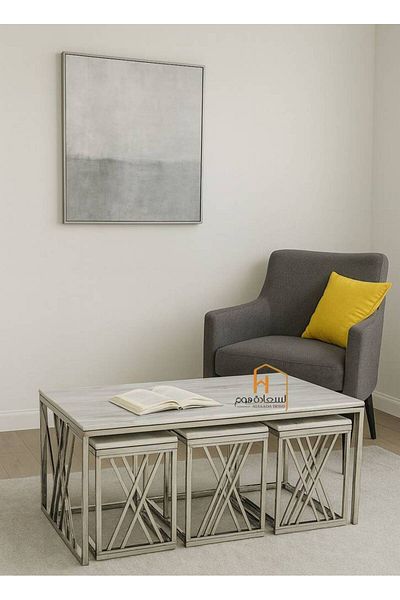 Al Saada Home كمية محدودة من طقم طاولة الخدمة الرخامية 1+6 - فضي