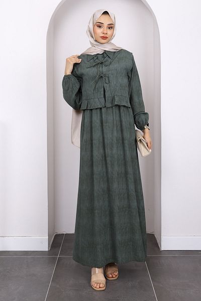 İmajButik Φόρεμα με ελαστική μέση σε συνδυασμό με χακί γιλέκο