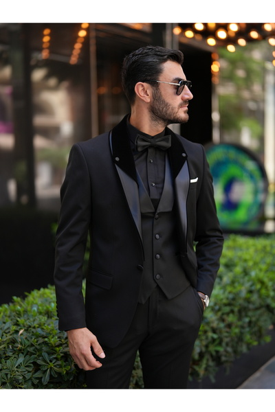 LONATOLİA Erkek İtalyan Stil Slim Fit Şal Taşlı Yaka Smokin Damatlık Ceket Yelek Pantolon Papyon-Siyah