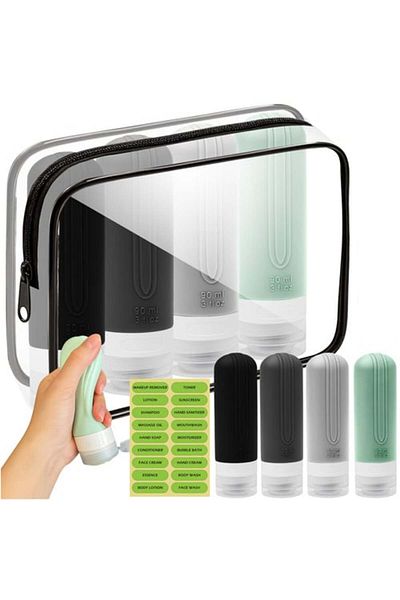 TECOS Tecos® travel cosmetic container set, colorless silicone, 4 pieces, leak-proof, with labels