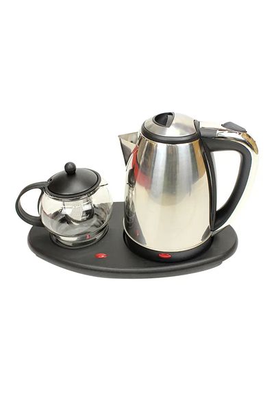 Tradeo Electric Tea and Coffee Set, Glass Teapot with Infuser, Stainless Steel Kettle, Warming Tray, Black