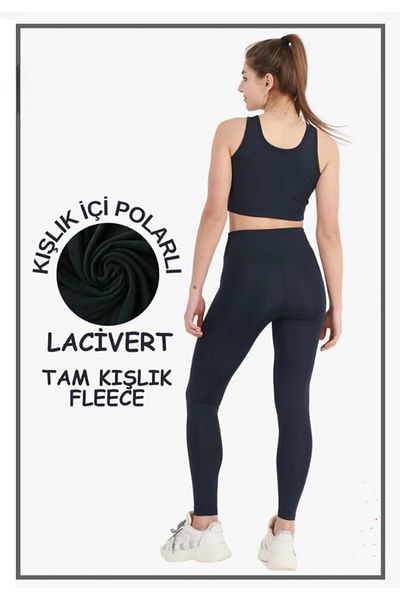 Yağmur Giyim Mism Women's Winter Navy Blue High Waist Gathering Leggings with Fleece Inside 1024-L