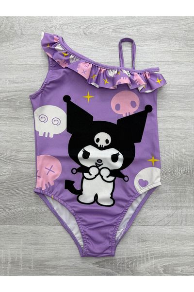 Liyavera Girls' Ruffled Strap One Shoulder Kuromi Printed Children's Swimsuit