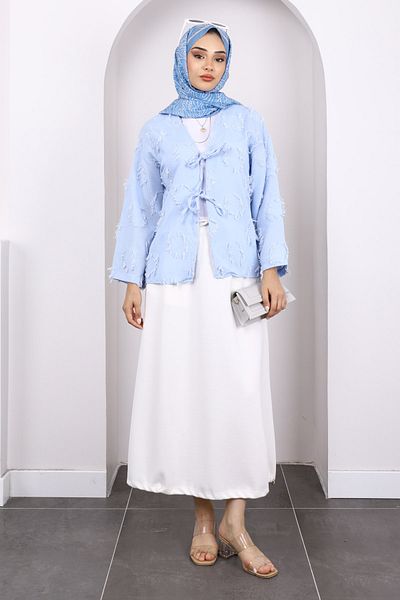 İmajButik Kimono albastru cu ciucuri cu legare în față