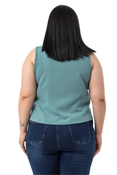 DISENTIS MODEST Plus Size Button Detailed Mint Green Blouse Vest