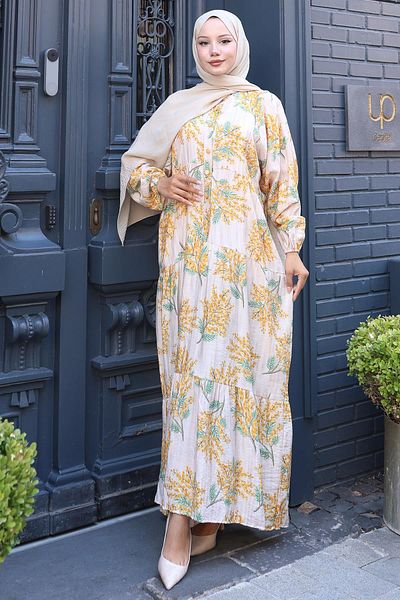 hafsamina Floral Printed Summer Dress Cream Hm2795