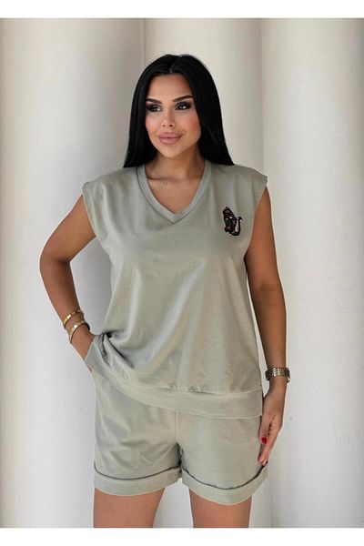 EGZOTİK ASORTİK Combed Cotton Stone Detailed Tshirt Shorts Set