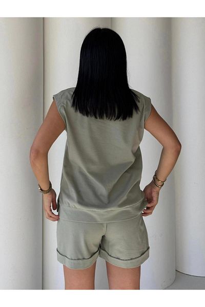 EGZOTİK ASORTİK Combed Cotton Stone Detailed Tshirt Shorts Set