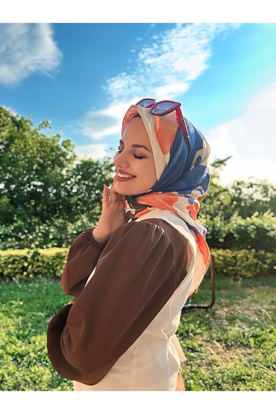 Modakaşmir Palette Pattern Bamboo Scarf - White - Saks Blue