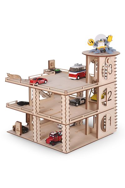 ALGWOOD 3 Storey Wooden Car Parking Model – 87 Piece High Tower Parking Set - Educational Toy Garage Set