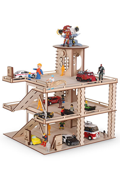 ALGWOOD 3 Katlı Ahşap Otopark Maketi – 87 Parça High Tower Parking Set - Eğitici Oyuncak Garaj Seti