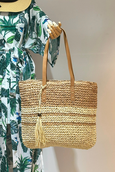 Remsa Mayo Remsa Διπλό Χρώμα Ψάθινη Τσάντα Τσάντα Παραλίας 015 Camel Beige