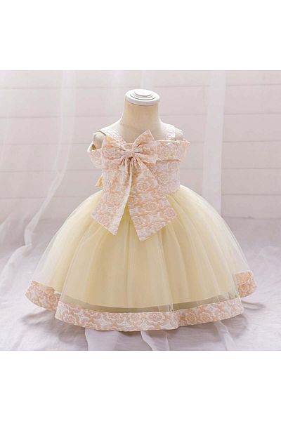OEM Elegant baby girl dress with large bow and floral lace – ivory cream 3-6 months
