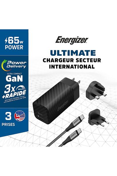 Energizer شاحن سريع بقوة 65 واط مع محول المملكة المتحدة/الاتحاد الأوروبي/الولايات المتحدة