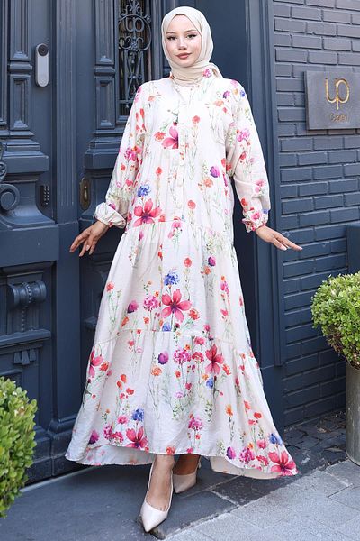 hafsamina Floral Dress with Elastic Sleeves Cream Hm2793