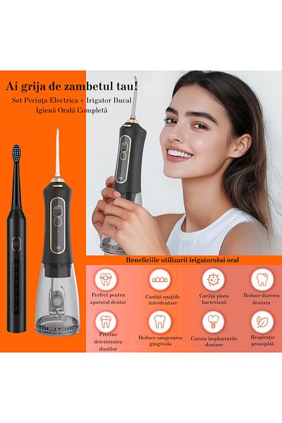 OEM SET Irigator Oral Profesional+Periuta de dinti electrica,RPZ DuoClean IPX7, Rezervor 300 ml,negru