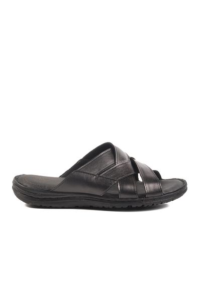Aspor Black Genuine Leather Men's Flat Slippers