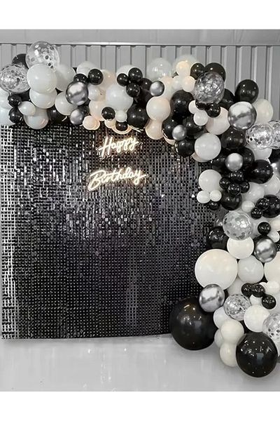 Çemrek Süs Parti Black White Silver Chrome Transparent Sequin Balloon Chain Set Including 103 Jumbo