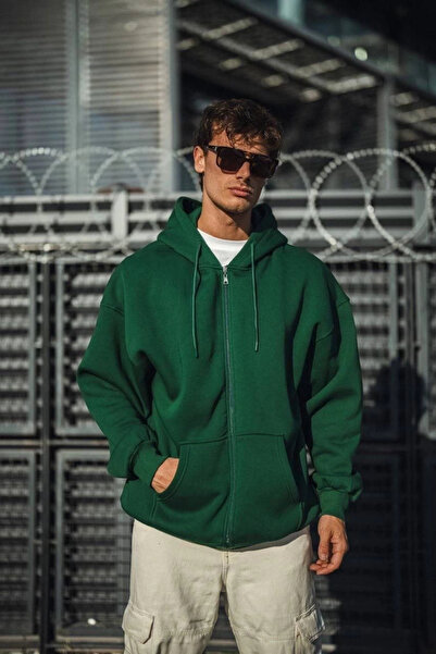 Genel Markalar Oversize Tam Fermuarlı Uzun Kol Hırka - Haki