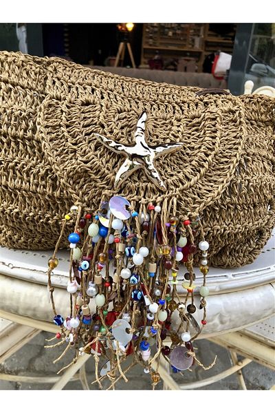 Gözde Tasarım Butik Women's Handmade Tassel Sea Star and Beaded Motifed Wicker Knitted Wicker Shoulder Bag