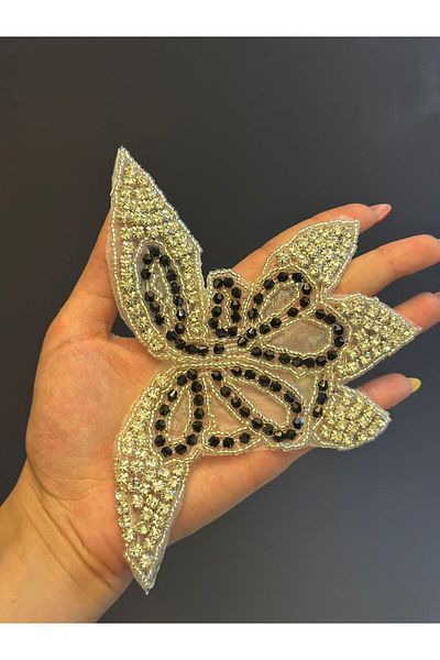 Gönülden Tasarım Bead and Zircon Stone Embroidered Butterfly Arma Stitch Applique 17X14 cm