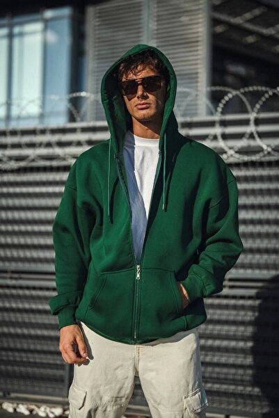 Genel Markalar Oversize Tam Fermuarlı Uzun Kol Hırka - Haki