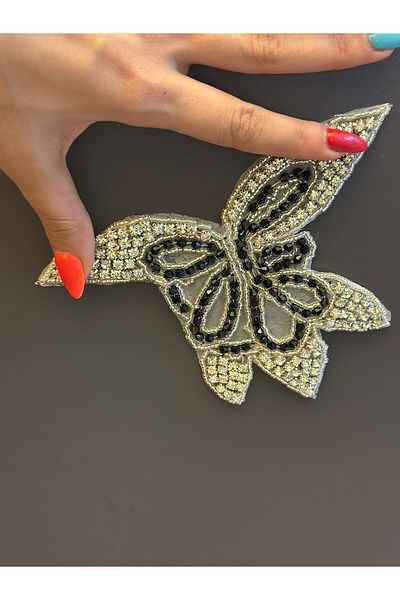 Gönülden Tasarım Bead and Zircon Stone Embroidered Butterfly Arma Stitch Applique 17X14 cm