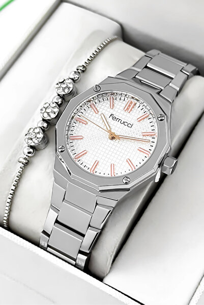 Ferrucci ساعة يد نسائية بسوار فولاذي وعلبة فولاذية، مقاومة للماء حتى 3 ATM، ف...